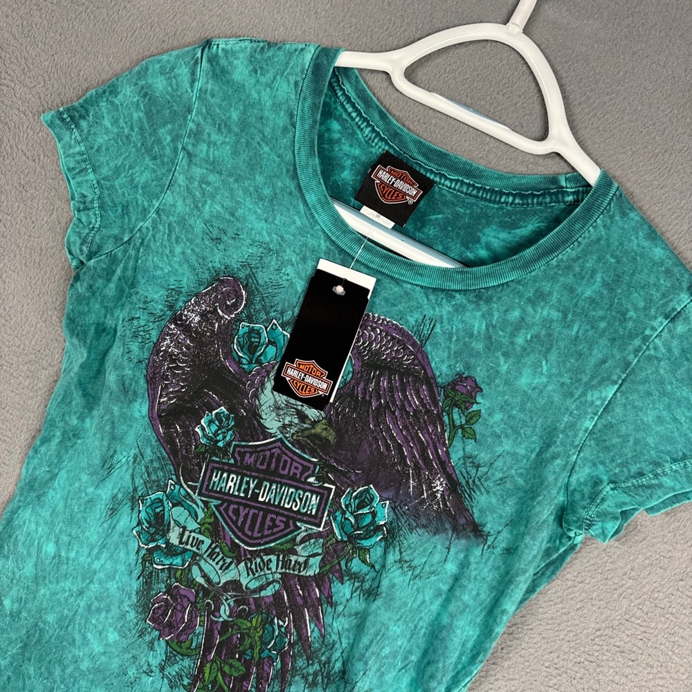 Harley Davidson Graphic Tee Womens Medium Teal Acid Wash Eagle Germany NWT